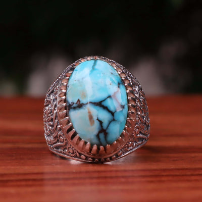 Nyshapuri Feroza Stone Ring | Natural Blue Turquoise Stone Ring | Sterling Silver 92.5 | Geniune Feroza Stone | US Size 10 - AlAliGems