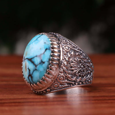 Nyshapuri Feroza Stone Ring | Natural Blue Turquoise Stone Ring | Sterling Silver 92.5 | Geniune Feroza Stone | US Size 10 - AlAliGems