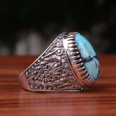 Nyshapuri Feroza Stone Ring | Natural Blue Turquoise Stone Ring | Sterling Silver 92.5 | Geniune Feroza Stone | US Size 10 - AlAliGems