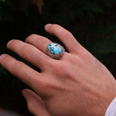 Nyshapuri Feroza Stone Ring | Natural Blue Turquoise Stone Ring | Sterling Silver 92.5 | Geniune Feroza Stone | US Size 10 - AlAliGems