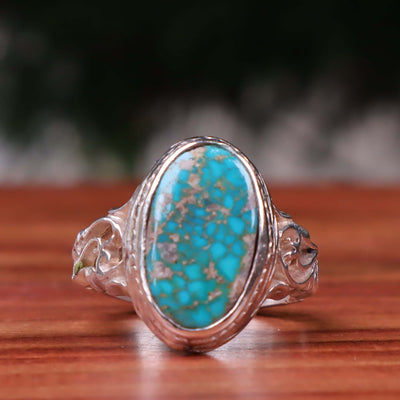 Nyshapuri Feroza Stone Ring | Natural Green Turquoise Stone Ring | Sterling Silver 92.5 | Geniune Feroza Stone | US Size 9 - AlAliGems