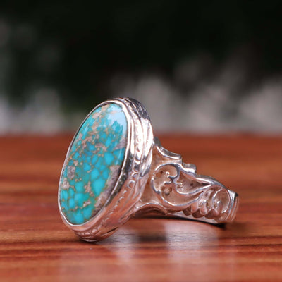 Nyshapuri Feroza Stone Ring | Natural Green Turquoise Stone Ring | Sterling Silver 92.5 | Geniune Feroza Stone | US Size 9 - AlAliGems
