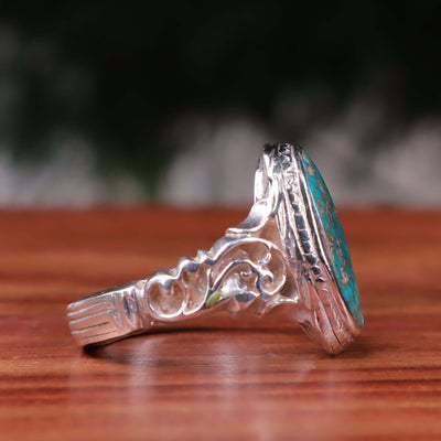 Nyshapuri Feroza Stone Ring | Natural Green Turquoise Stone Ring | Sterling Silver 92.5 | Geniune Feroza Stone | US Size 9 - AlAliGems