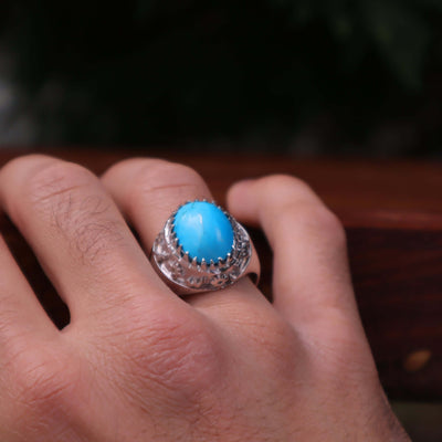 Kermani Feroza Stone Ring | Natural Blue Turquoise Stone Ring | Sterling Silver 92.5 | Geniune Feroza Stone | US Size 13 - AlAliGems