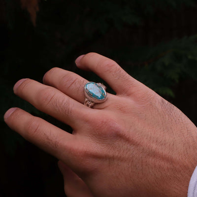 Nyshapuri Feroza Stone Ring | Natural Green Turquoise Stone Ring | Sterling Silver 92.5 | Geniune Feroza Stone | US Size 9 - AlAliGems