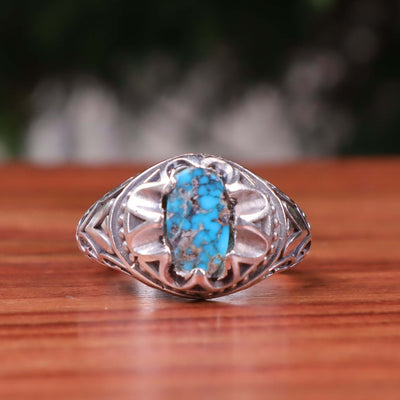 Nyshapuri Feroza Stone Ring | Natural Blue Turquoise Stone Ring | Sterling Silver 92.5 | Geniune Feroza Stone | US Size 9.5 - AlAliGems