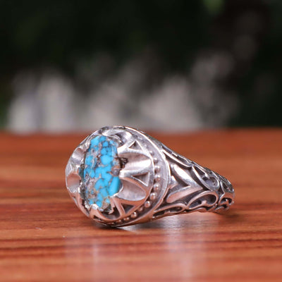 Nyshapuri Feroza Stone Ring | Natural Blue Turquoise Stone Ring | Sterling Silver 92.5 | Geniune Feroza Stone | US Size 9.5 - AlAliGems
