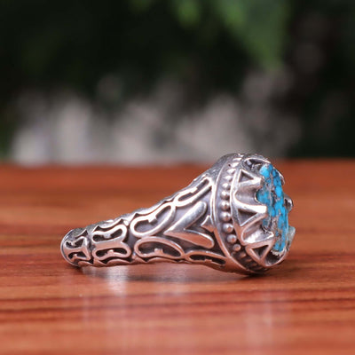 Nyshapuri Feroza Stone Ring | Natural Blue Turquoise Stone Ring | Sterling Silver 92.5 | Geniune Feroza Stone | US Size 9.5 - AlAliGems