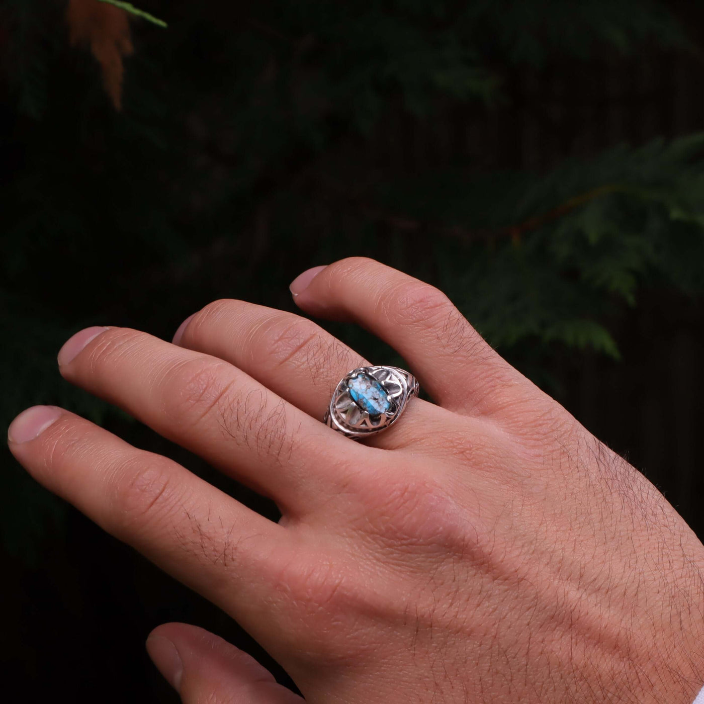 Nyshapuri Feroza Stone Ring | Natural Blue Turquoise Stone Ring | Sterling Silver 92.5 | Geniune Feroza Stone | US Size 9.5 - AlAliGems