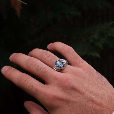 Nyshapuri Feroza Stone Ring | Natural Blue Turquoise Stone Ring | Sterling Silver 92.5 | Geniune Feroza Stone | US Size 9.5 - AlAliGems