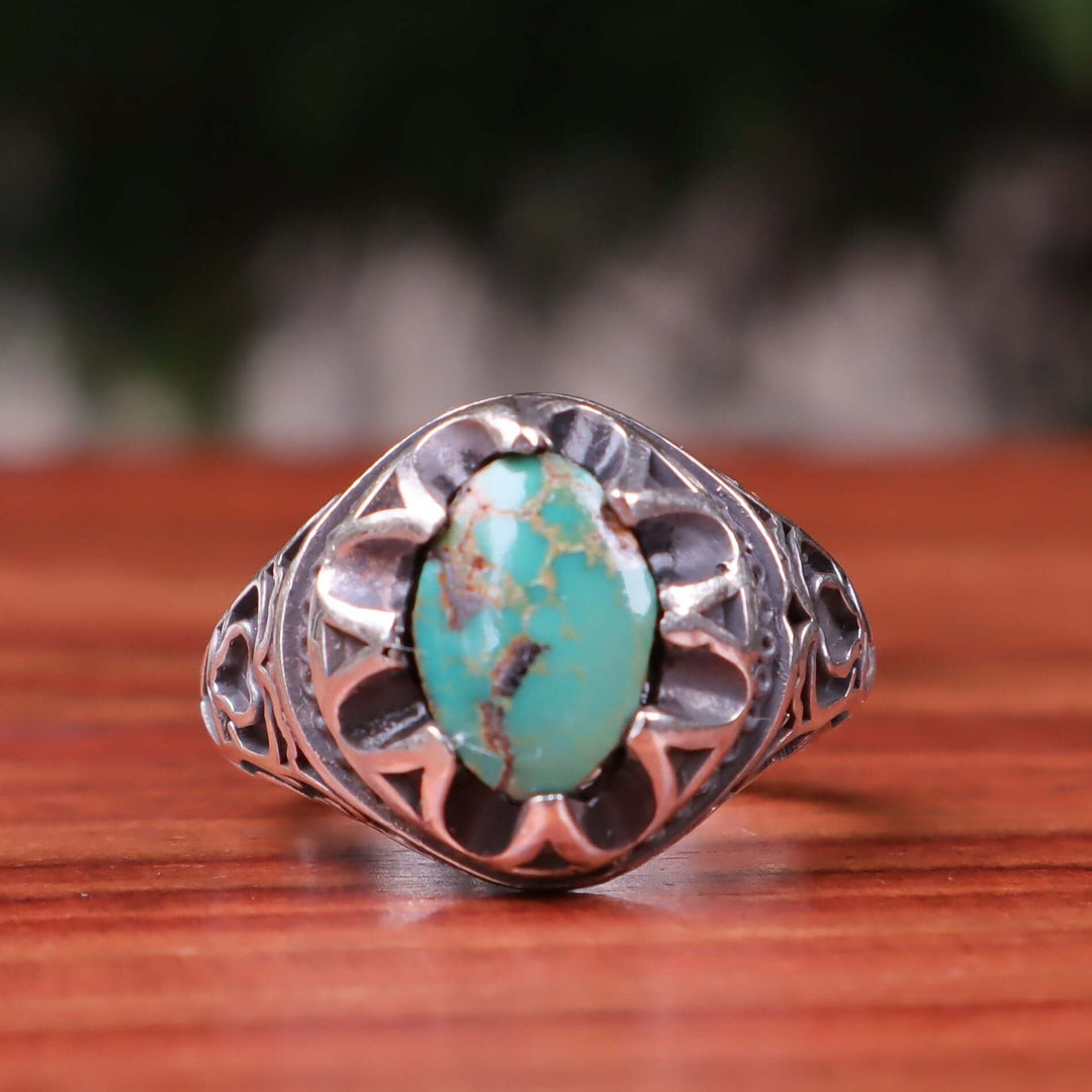 Nyshapuri Feroza Stone Ring | Natural Green Turquoise Stone Ring | Sterling Silver 92.5 | Geniune Feroza Stone | US Size 9 - AlAliGems