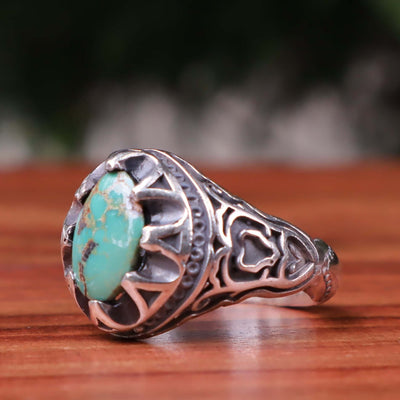 Nyshapuri Feroza Stone Ring | Natural Green Turquoise Stone Ring | Sterling Silver 92.5 | Geniune Feroza Stone | US Size 9 - AlAliGems