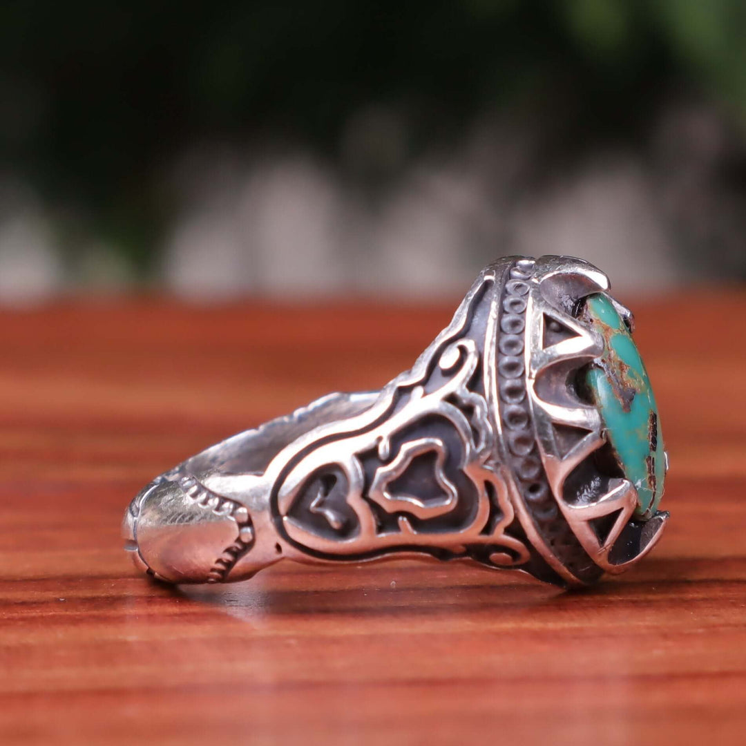 Nyshapuri Feroza Stone Ring | Natural Green Turquoise Stone Ring | Sterling Silver 92.5 | Geniune Feroza Stone | US Size 9 - AlAliGems