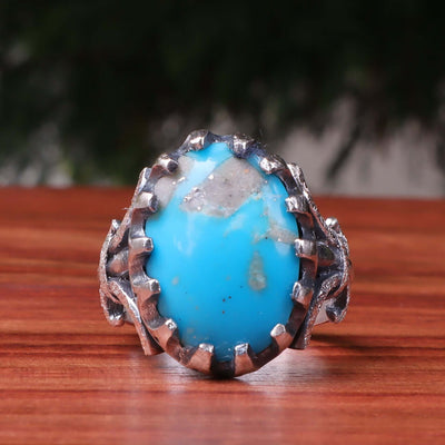 Kermani Feroza Stone Ring | Natural Blue Turquoise Stone Ring | Sterling Silver 92.5 | Geniune Feroza Stone | US Size 8 - AlAliGems