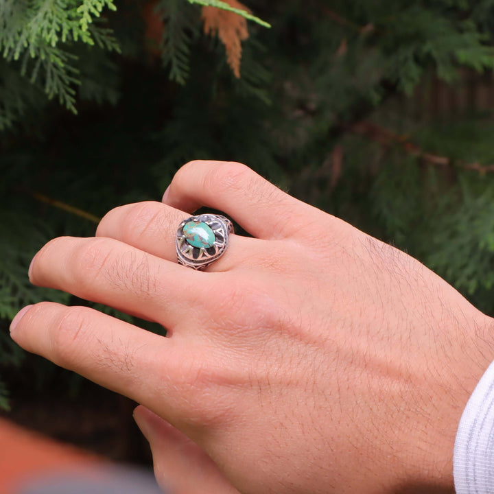 Nyshapuri Feroza Stone Ring | Natural Green Turquoise Stone Ring | Sterling Silver 92.5 | Geniune Feroza Stone | US Size 9 - AlAliGems