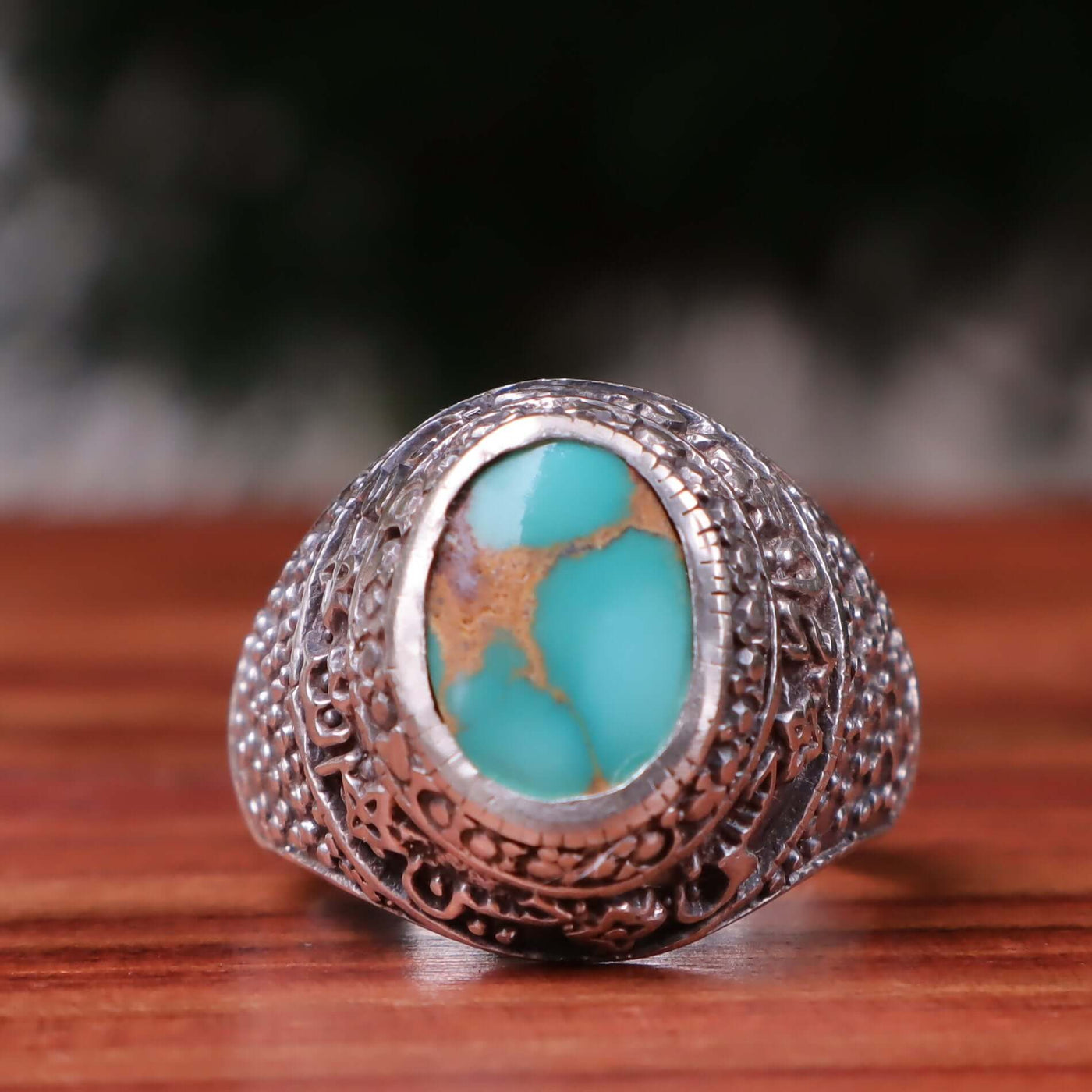 Nyshapuri Feroza Stone Ring | Natural Green Turquoise Stone Ring | Sterling Silver 92.5 | Geniune Feroza Stone | US Size 10 - AlAliGems