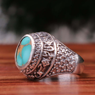 Nyshapuri Feroza Stone Ring | Natural Green Turquoise Stone Ring | Sterling Silver 92.5 | Geniune Feroza Stone | US Size 10 - AlAliGems