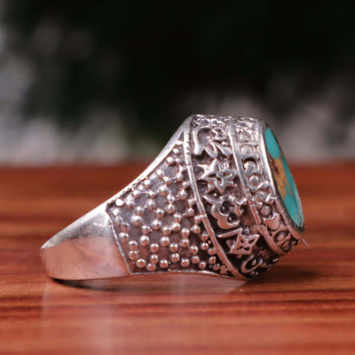 Nyshapuri Feroza Stone Ring | Natural Green Turquoise Stone Ring | Sterling Silver 92.5 | Geniune Feroza Stone | US Size 10 - AlAliGems
