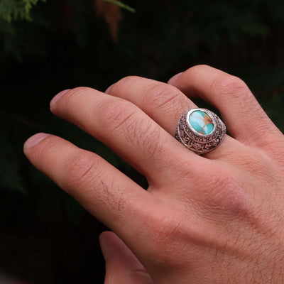 Nyshapuri Feroza Stone Ring | Natural Green Turquoise Stone Ring | Sterling Silver 92.5 | Geniune Feroza Stone | US Size 10 - AlAliGems