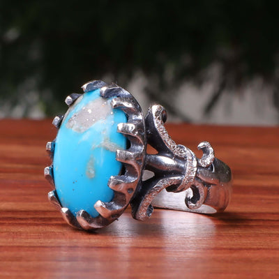 Kermani Feroza Stone Ring | Natural Blue Turquoise Stone Ring | Sterling Silver 92.5 | Geniune Feroza Stone | US Size 8 - AlAliGems