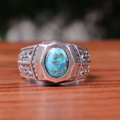 Nyshapuri Feroza Stone Ring | Natural Blue Turquoise Stone Ring | Sterling Silver 92.5 | Geniune Feroza Stone | US Size 10.5 - AlAliGems