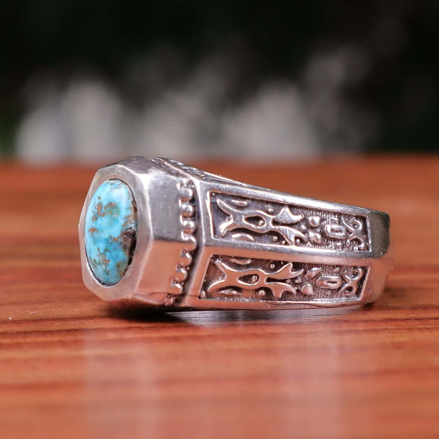 Nyshapuri Feroza Stone Ring | Natural Blue Turquoise Stone Ring | Sterling Silver 92.5 | Geniune Feroza Stone | US Size 10.5 - AlAliGems