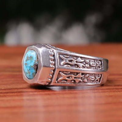 Nyshapuri Feroza Stone Ring | Natural Blue Turquoise Stone Ring | Sterling Silver 92.5 | Geniune Feroza Stone | US Size 10.5 - AlAliGems