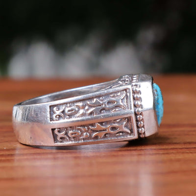 Nyshapuri Feroza Stone Ring | Natural Blue Turquoise Stone Ring | Sterling Silver 92.5 | Geniune Feroza Stone | US Size 10.5 - AlAliGems