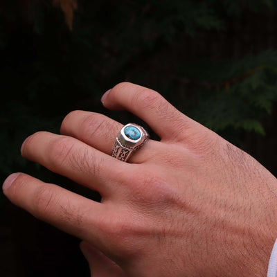 Nyshapuri Feroza Stone Ring | Natural Blue Turquoise Stone Ring | Sterling Silver 92.5 | Geniune Feroza Stone | US Size 10.5 - AlAliGems