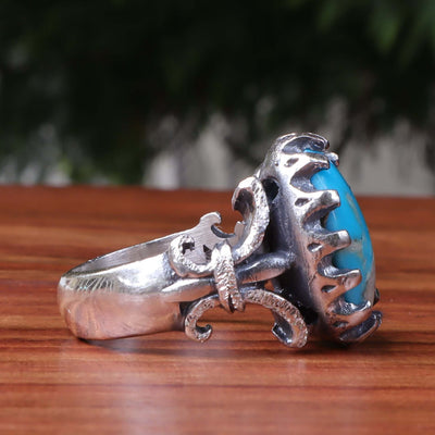 Kermani Feroza Stone Ring | Natural Blue Turquoise Stone Ring | Sterling Silver 92.5 | Geniune Feroza Stone | US Size 8 - AlAliGems