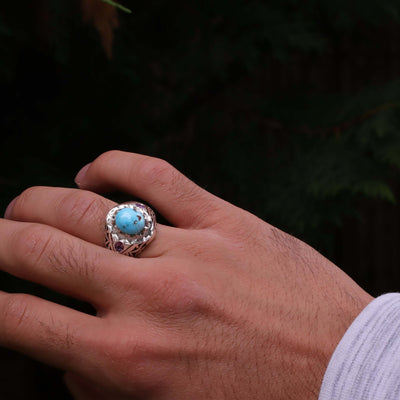 Nyshapuri Feroza Stone Ring | Natural Blue Turquoise Stone Ring With 2 Amethyst Stones | Sterling Silver 92.5 | Geniune Feroza Stone | US Size 10 - AlAliGems