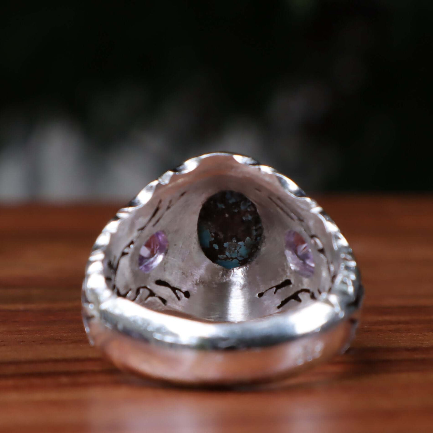Nyshapuri Feroza Stone Ring | Natural Blue Turquoise Stone Ring With 2 Amethyst Stones | Sterling Silver 92.5 | Geniune Feroza Stone | US Size 10 - AlAliGems