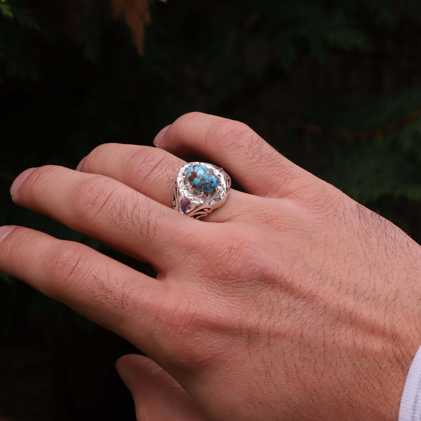 Nyshapuri Feroza Stone Ring | Natural Blue Turquoise Stone Ring With 2 Amethyst Stones | Sterling Silver 92.5 | Geniune Feroza Stone | US Size 10 - AlAliGems