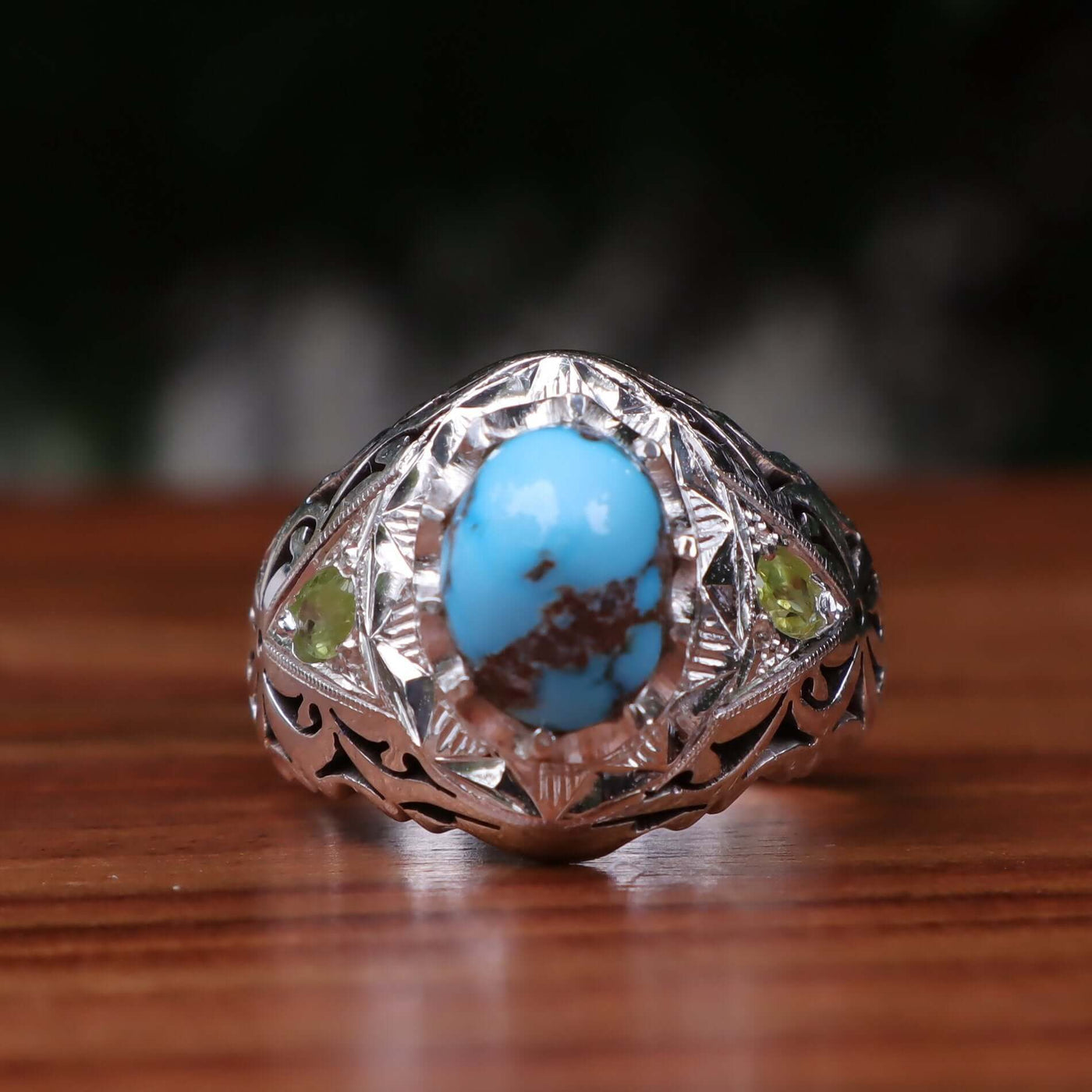 Nyshapuri Feroza Stone Ring | Natural Blue Turquoise Stone Ring With 2 Peridots Stones | Sterling Silver 92.5 | Geniune Feroza Stone | US Size 11 - AlAliGems
