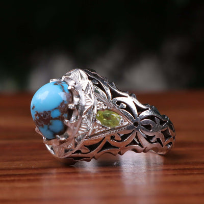 Nyshapuri Feroza Stone Ring | Natural Blue Turquoise Stone Ring With 2 Peridots Stones | Sterling Silver 92.5 | Geniune Feroza Stone | US Size 11 - AlAliGems