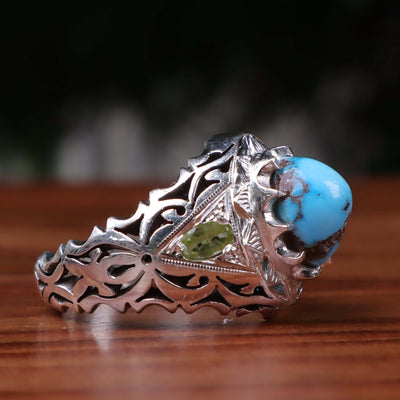 Nyshapuri Feroza Stone Ring | Natural Blue Turquoise Stone Ring With 2 Peridots Stones | Sterling Silver 92.5 | Geniune Feroza Stone | US Size 11 - AlAliGems