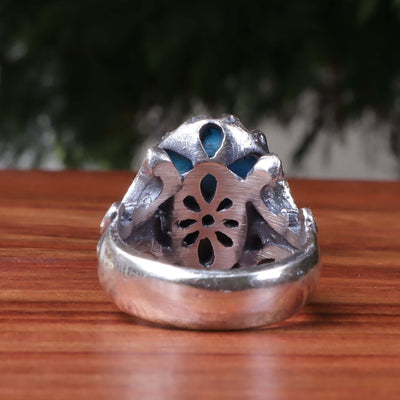 Kermani Feroza Stone Ring | Natural Blue Turquoise Stone Ring | Sterling Silver 92.5 | Geniune Feroza Stone | US Size 8 - AlAliGems