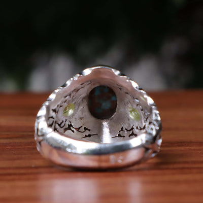 Nyshapuri Feroza Stone Ring | Natural Blue Turquoise Stone Ring With 2 Peridots Stones | Sterling Silver 92.5 | Geniune Feroza Stone | US Size 11 - AlAliGems
