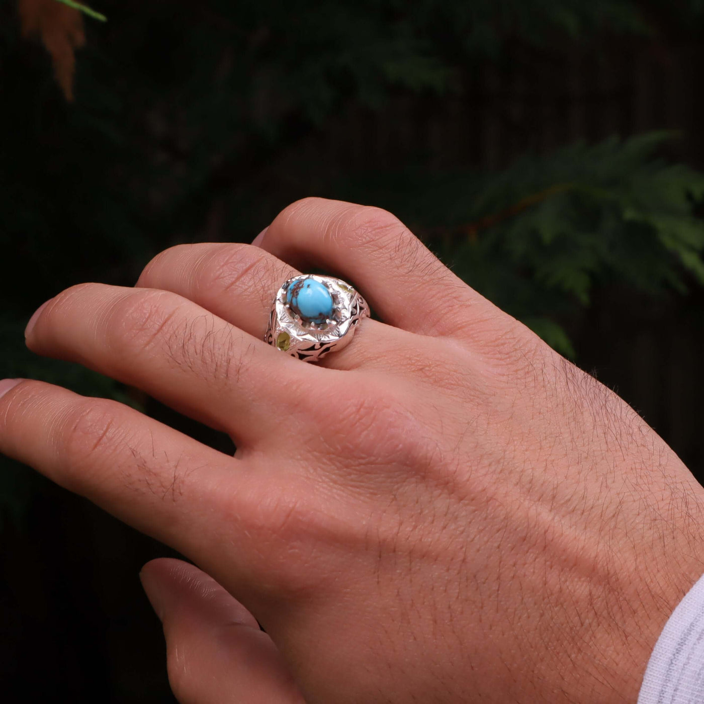 Nyshapuri Feroza Stone Ring | Natural Blue Turquoise Stone Ring With 2 Peridots Stones | Sterling Silver 92.5 | Geniune Feroza Stone | US Size 11 - AlAliGems