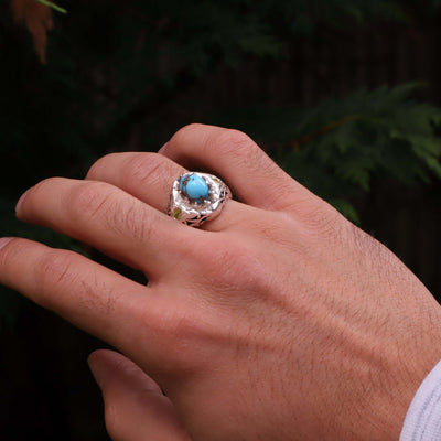 Nyshapuri Feroza Stone Ring | Natural Blue Turquoise Stone Ring With 2 Peridots Stones | Sterling Silver 92.5 | Geniune Feroza Stone | US Size 11 - AlAliGems