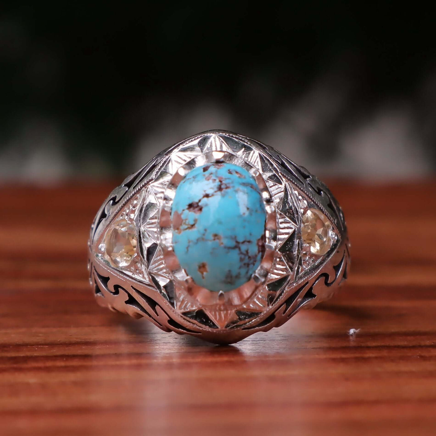 Nyshapuri Feroza Stone Ring | Natural Blue Turquoise Stone Ring With 2 Quartz Stones | Sterling Silver 92.5 | Geniune Feroza Stone | US Size 10.5 - AlAliGems