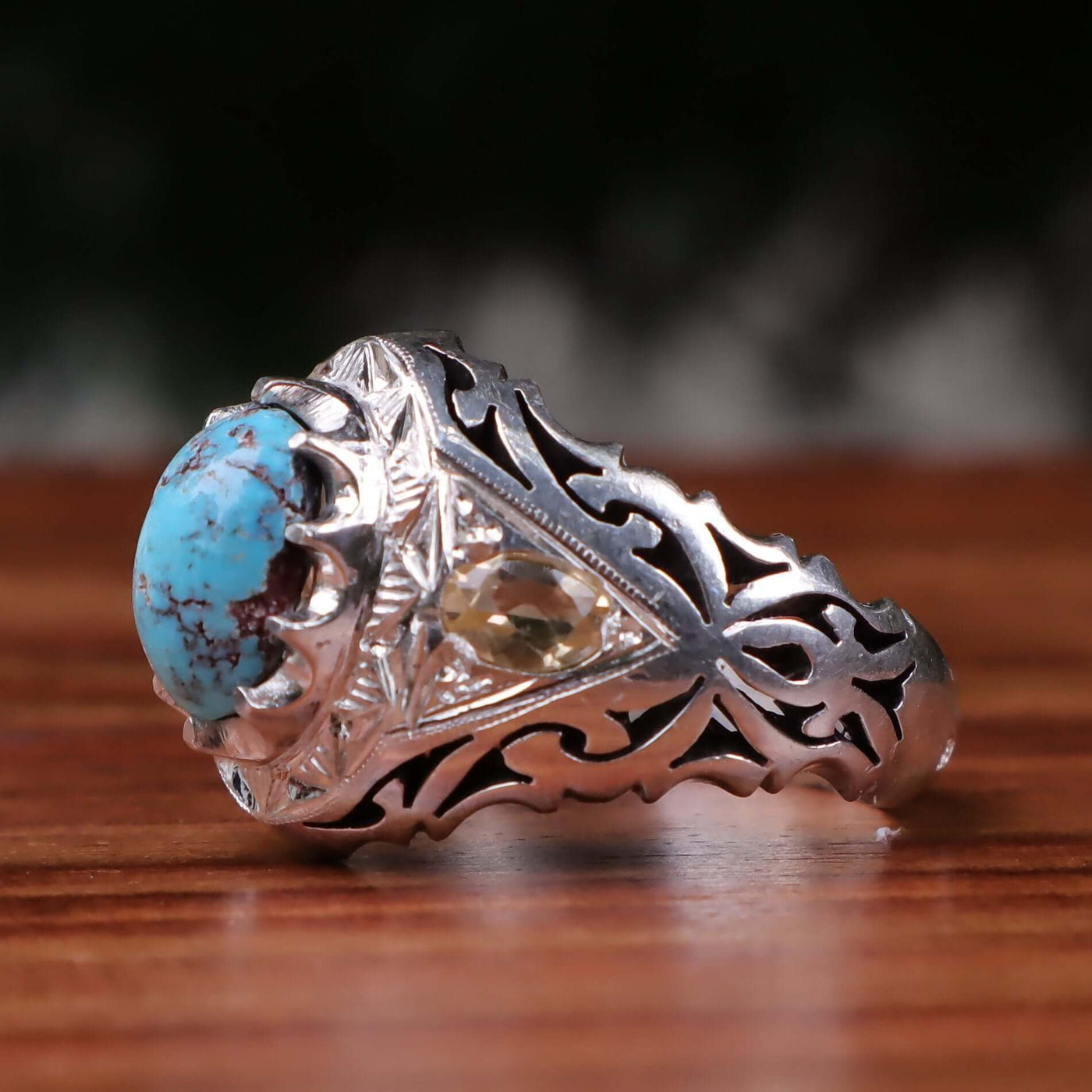 Nyshapuri Feroza Stone Ring | Natural Blue Turquoise Stone Ring With 2 Quartz Stones | Sterling Silver 92.5 | Geniune Feroza Stone | US Size 10.5 - AlAliGems