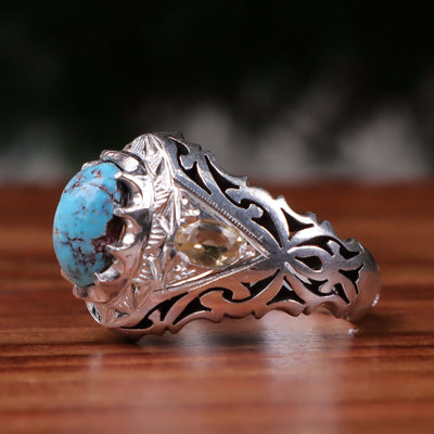 Nyshapuri Feroza Stone Ring | Natural Blue Turquoise Stone Ring With 2 Quartz Stones | Sterling Silver 92.5 | Geniune Feroza Stone | US Size 10.5 - AlAliGems