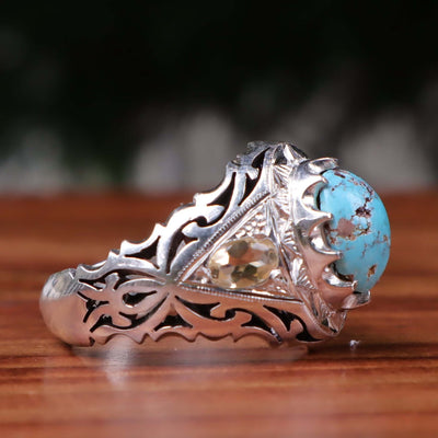 Nyshapuri Feroza Stone Ring | Natural Blue Turquoise Stone Ring With 2 Quartz Stones | Sterling Silver 92.5 | Geniune Feroza Stone | US Size 10.5 - AlAliGems