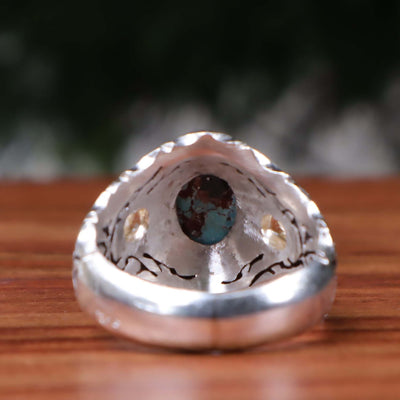 Nyshapuri Feroza Stone Ring | Natural Blue Turquoise Stone Ring With 2 Quartz Stones | Sterling Silver 92.5 | Geniune Feroza Stone | US Size 10.5 - AlAliGems