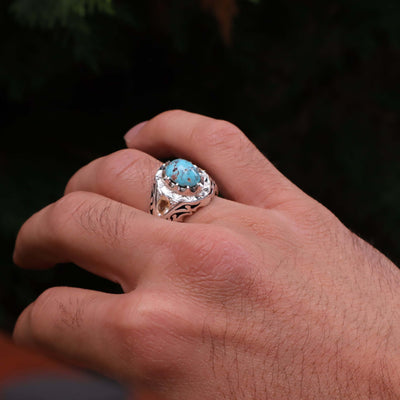 Nyshapuri Feroza Stone Ring | Natural Blue Turquoise Stone Ring With 2 Quartz Stones | Sterling Silver 92.5 | Geniune Feroza Stone | US Size 10.5 - AlAliGems