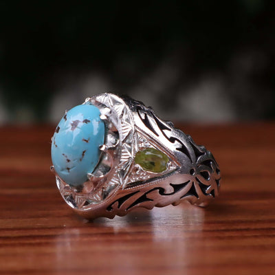 Nyshapuri Feroza Stone Ring | Natural Blue Turquoise Stone Ring With 2 Peridots Stones | Sterling Silver 92.5 | Geniune Feroza Stone | US Size 9 - AlAliGems