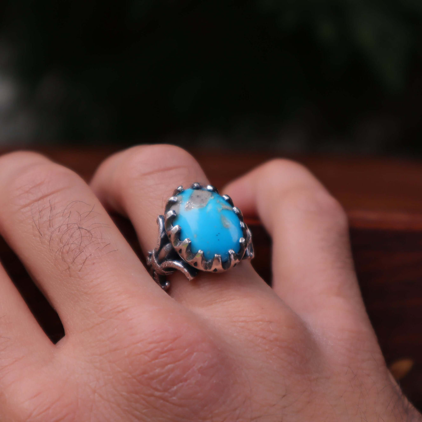 Kermani Feroza Stone Ring | Natural Blue Turquoise Stone Ring | Sterling Silver 92.5 | Geniune Feroza Stone | US Size 8 - AlAliGems