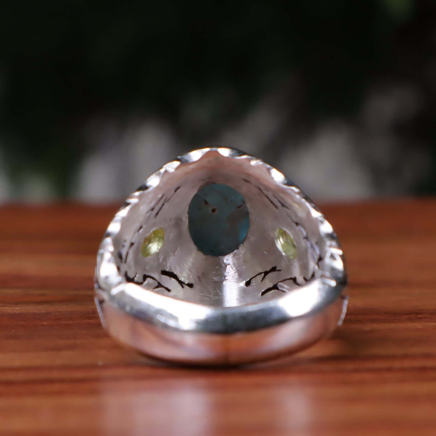 Nyshapuri Feroza Stone Ring | Natural Blue Turquoise Stone Ring With 2 Peridots Stones | Sterling Silver 92.5 | Geniune Feroza Stone | US Size 9 - AlAliGems