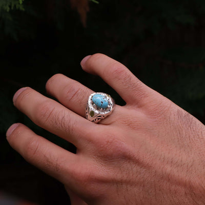 Nyshapuri Feroza Stone Ring | Natural Blue Turquoise Stone Ring With 2 Peridots Stones | Sterling Silver 92.5 | Geniune Feroza Stone | US Size 9 - AlAliGems
